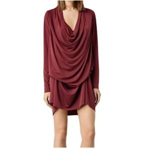 All Saints Amelis Dress Long Sleeve Burgandy Silky Slinky Size S